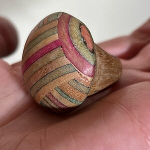Vintage 1960' 70' MCM Boho Southwestern Art Deco Inlayed wood Oversized Ring